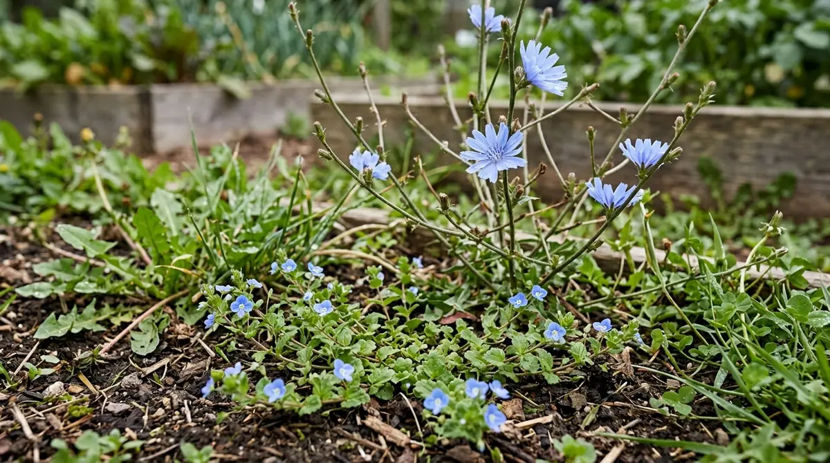 Chicory weed with bright blue flowers growing in a garden bed