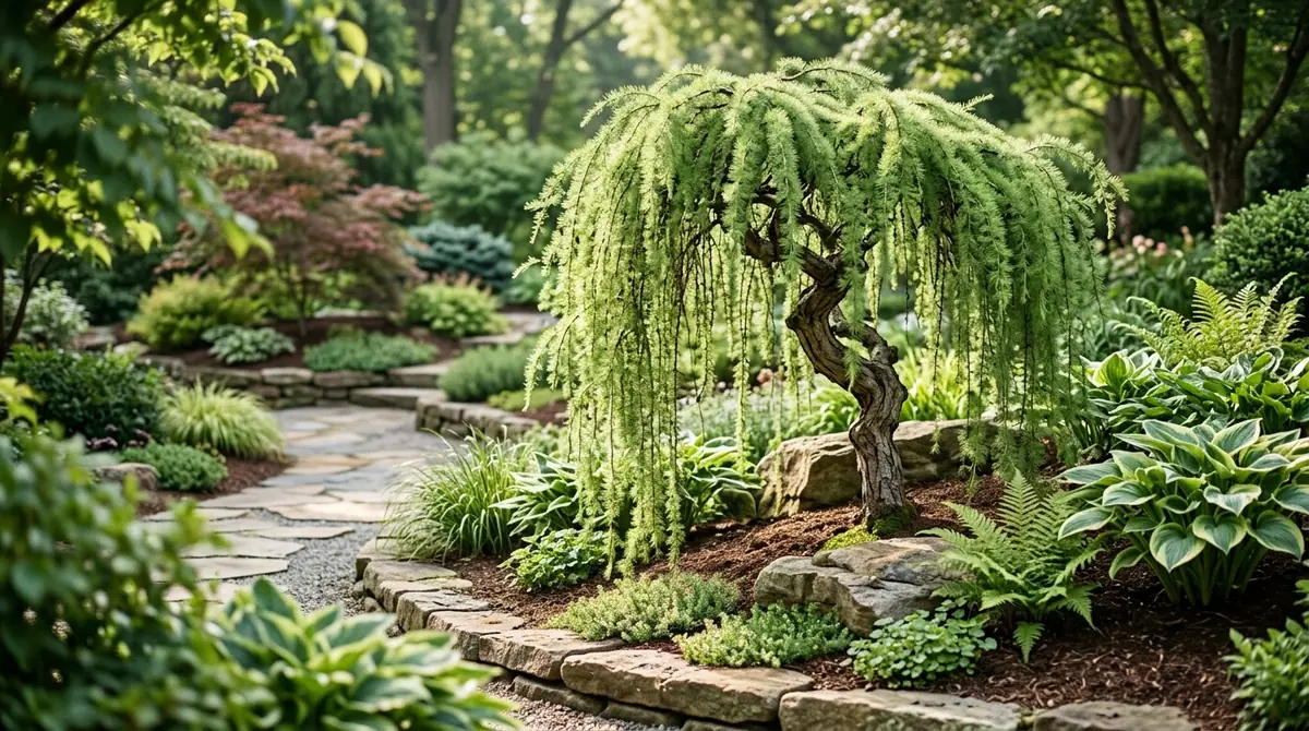 Curved weeping larch tree with delicate green needles in a lush garden setting