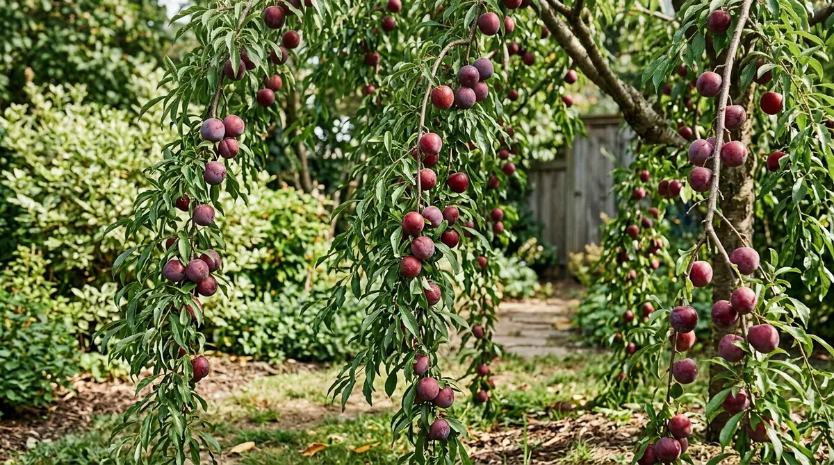Weeping Santa Rosa plum tree heavily laden with ripe purple plums hanging from drooping branches