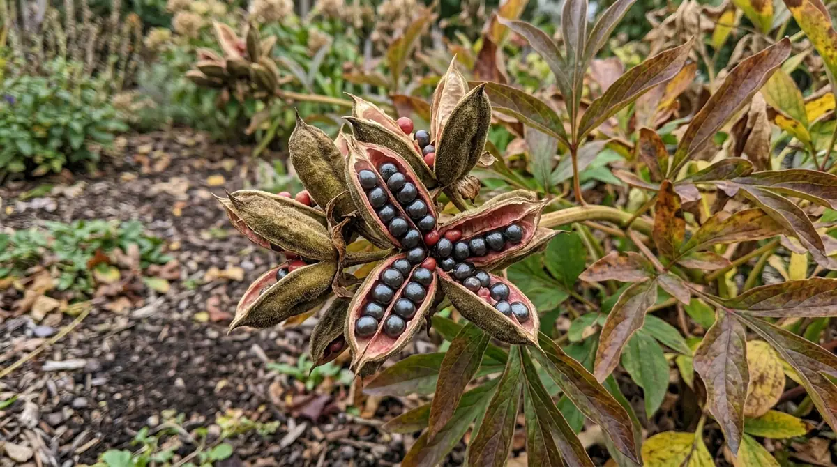 Split open peony seed pods revealing shiny black and red seeds