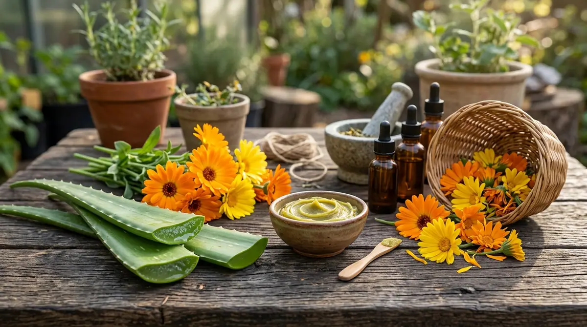 Aloe vera leaves and calendula flowers arranged on a rustic wooden table with remedy bottles and potted plants