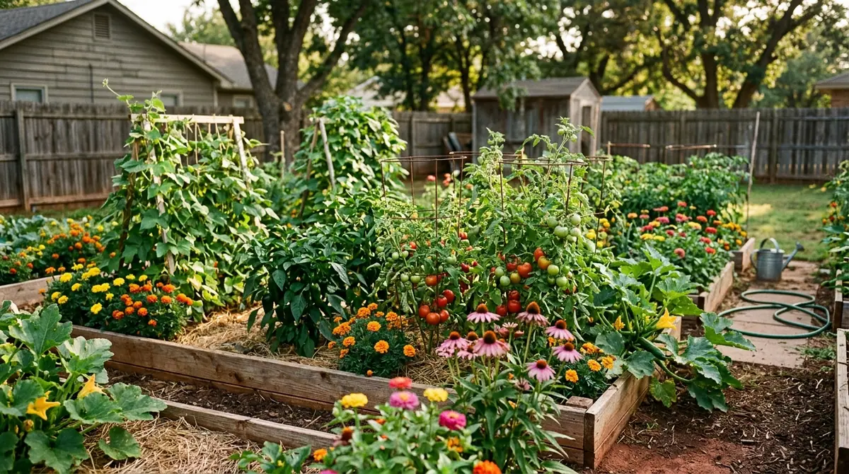 Backyard vegetable garden with raised wooden beds, tomato cages, and flowering plants