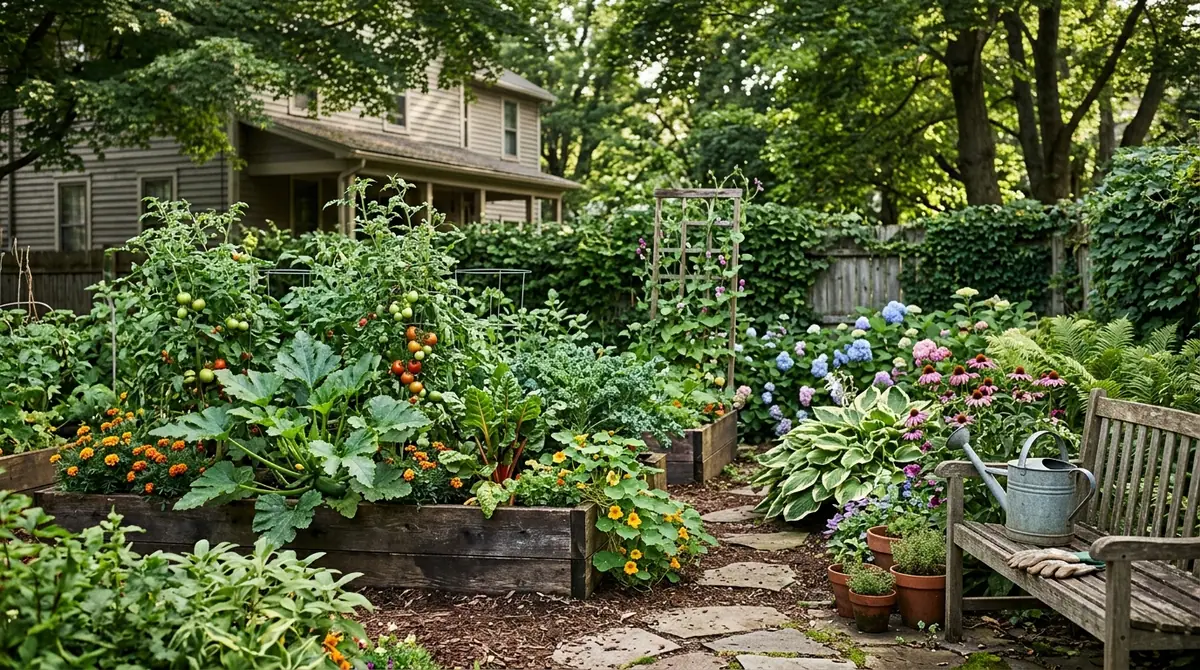 Raised garden beds with tomato plants and squash in a lush backyard in Rochester NY