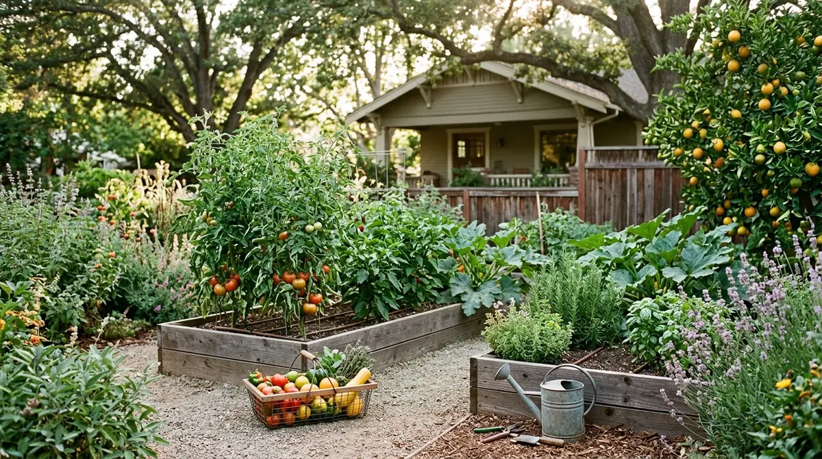 Raised garden beds filled with Sacramento vegetables and a fruit tree beside a house
