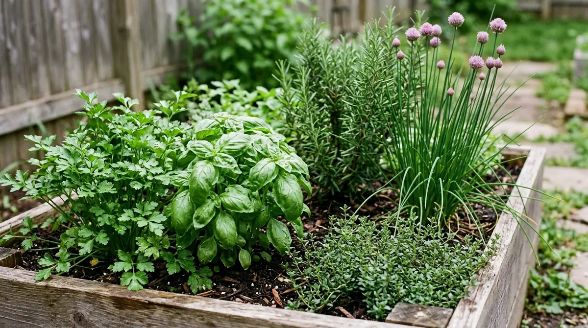 Wooden raised garden bed filled with mixed herbs like basil parsley rosemary and chives