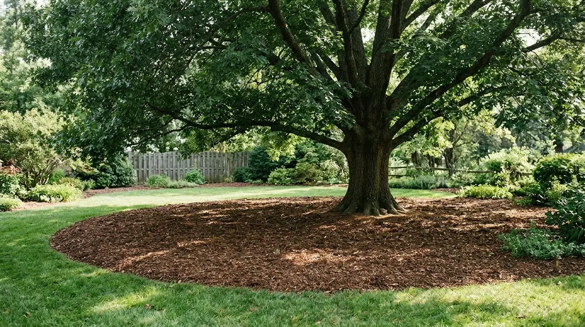 Large mature tree with a circular bed of brown wood mulch outlining its drip line