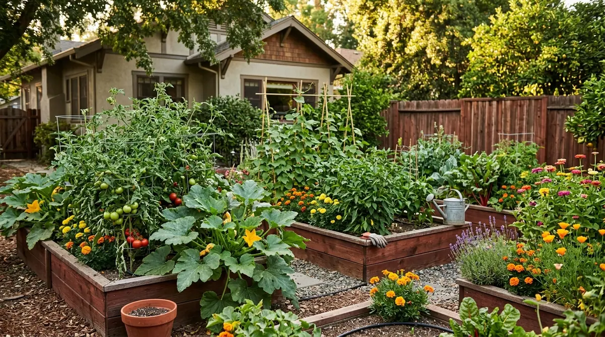 Lush backyard garden with raised wooden beds of vegetables and flowers in Sacramento