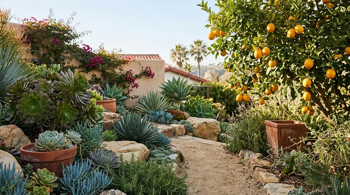 Sunny San Diego garden pathway lined with succulents and a ripe lemon tree