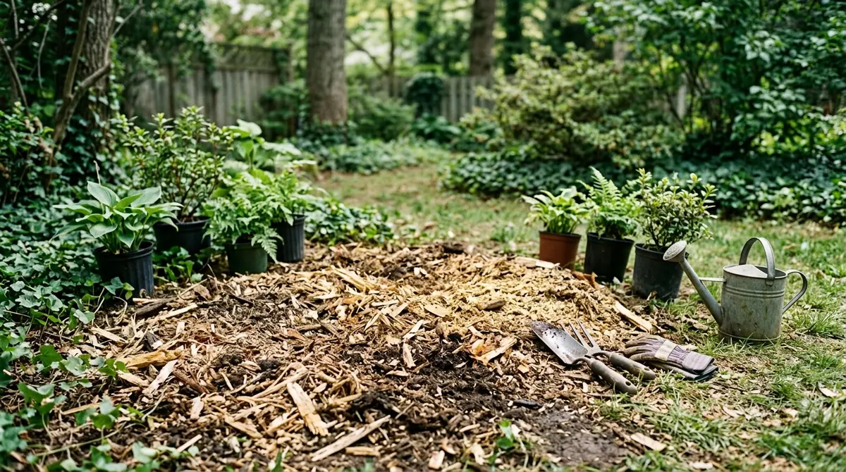 Mulch and wood chips covering a freshly ground tree stump in a lush backyard garden
