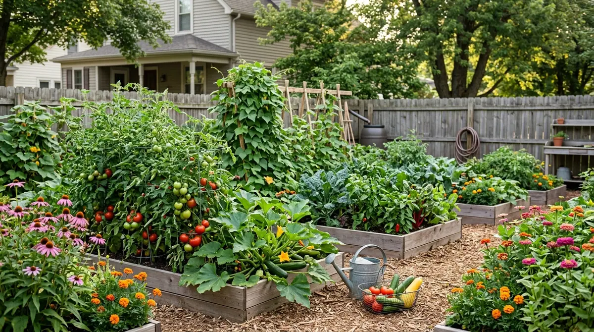 A lush backyard garden in Columbus, Ohio featuring tomatoes, zucchini, flowers, and leafy vegetables in raised beds