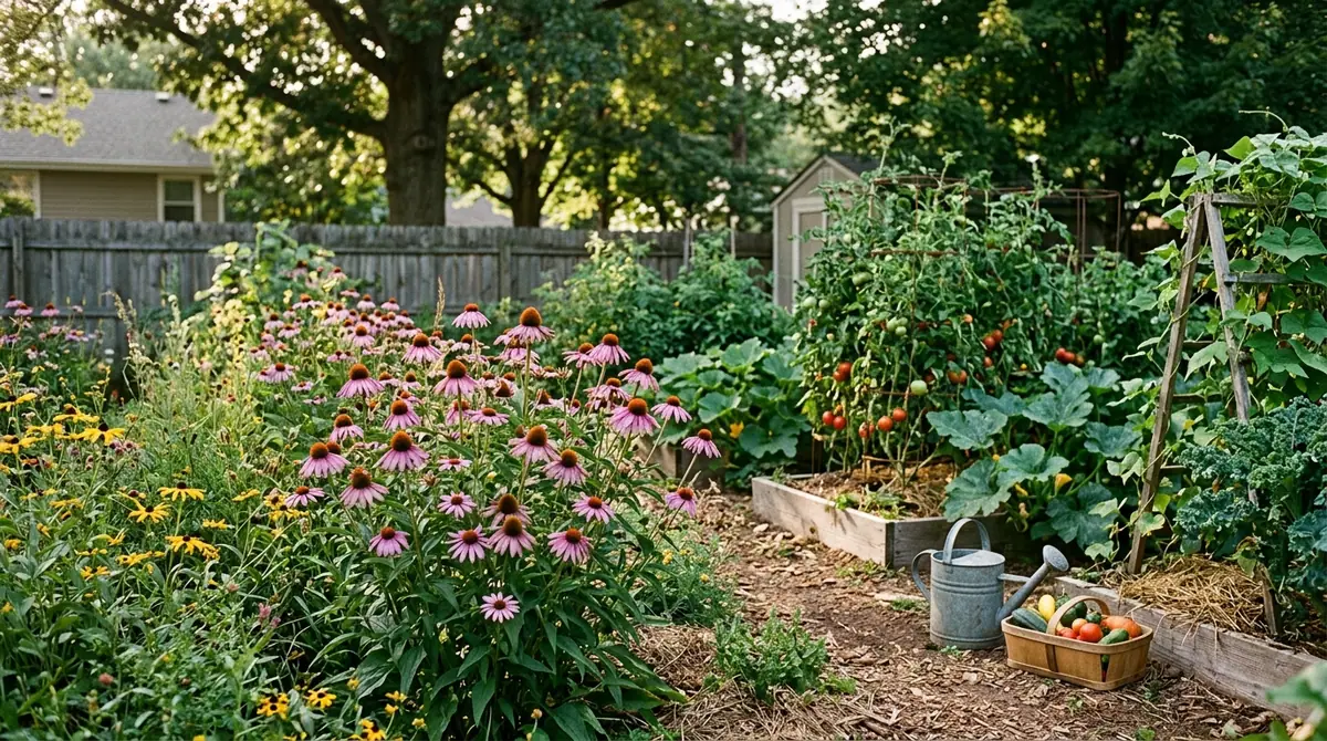 Lush backyard garden with raised beds, flowering coneflowers, and tomato cages