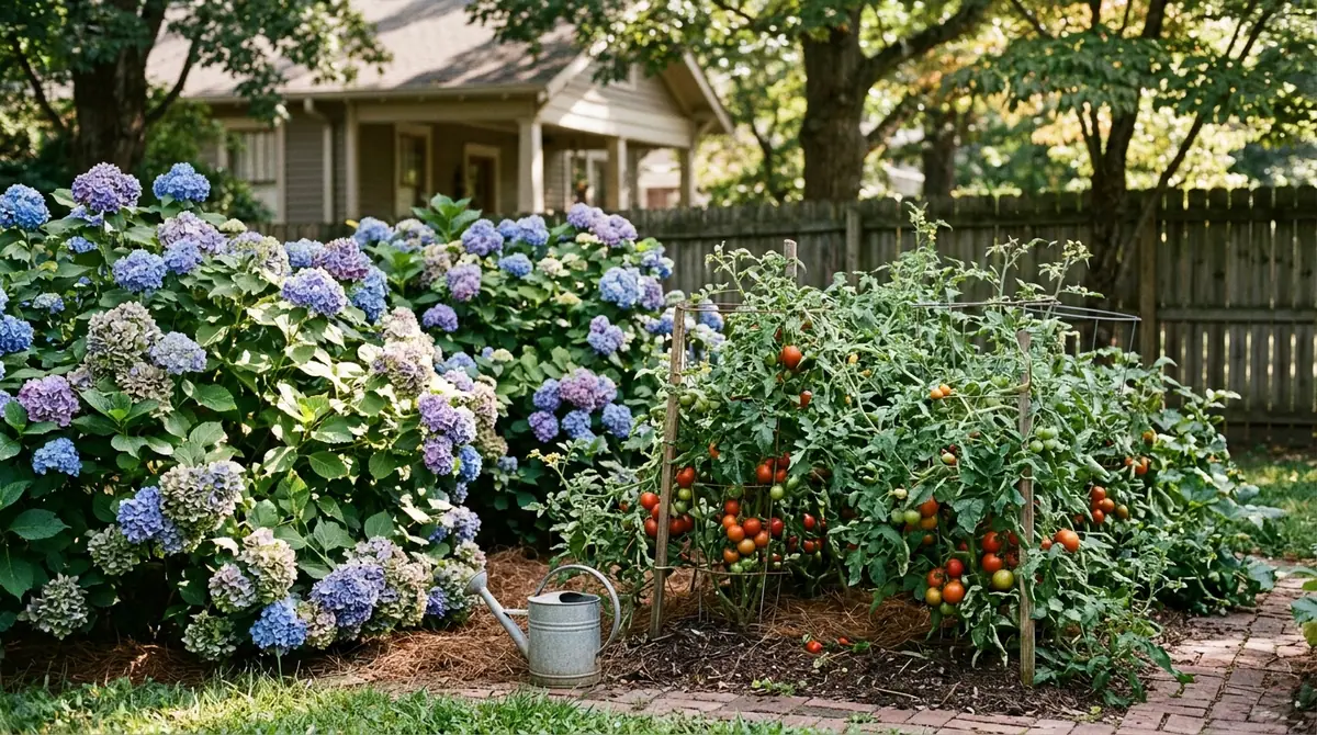 Hydrangeas and tomato plants in a sunny backyard garden