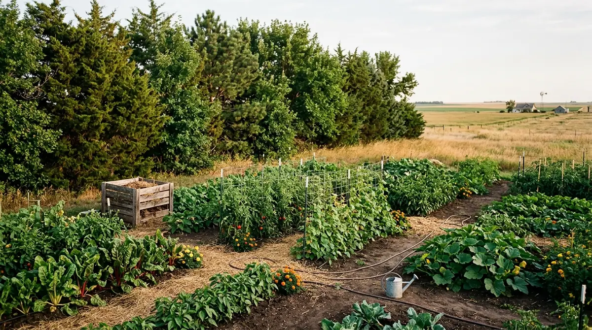 Vibrant Nebraska garden with trellised tomatoes, leafy greens and a compost bin against a rural backdrop