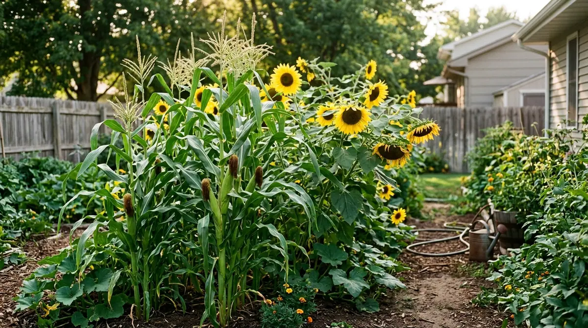 Corn stalks and bright sunflowers growing in a suburban backyard garden