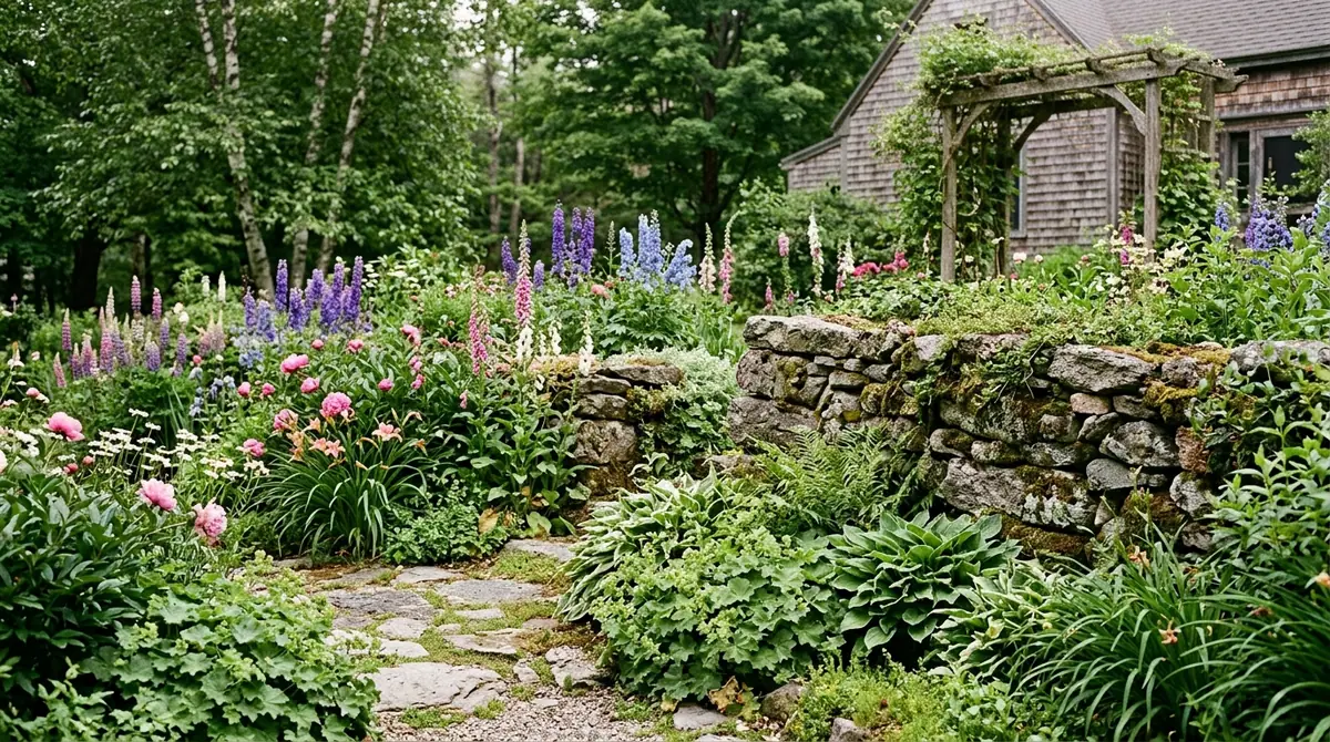 Lush New Hampshire garden with stone walls, blooming perennials, and a wooden arbor by a shingled house