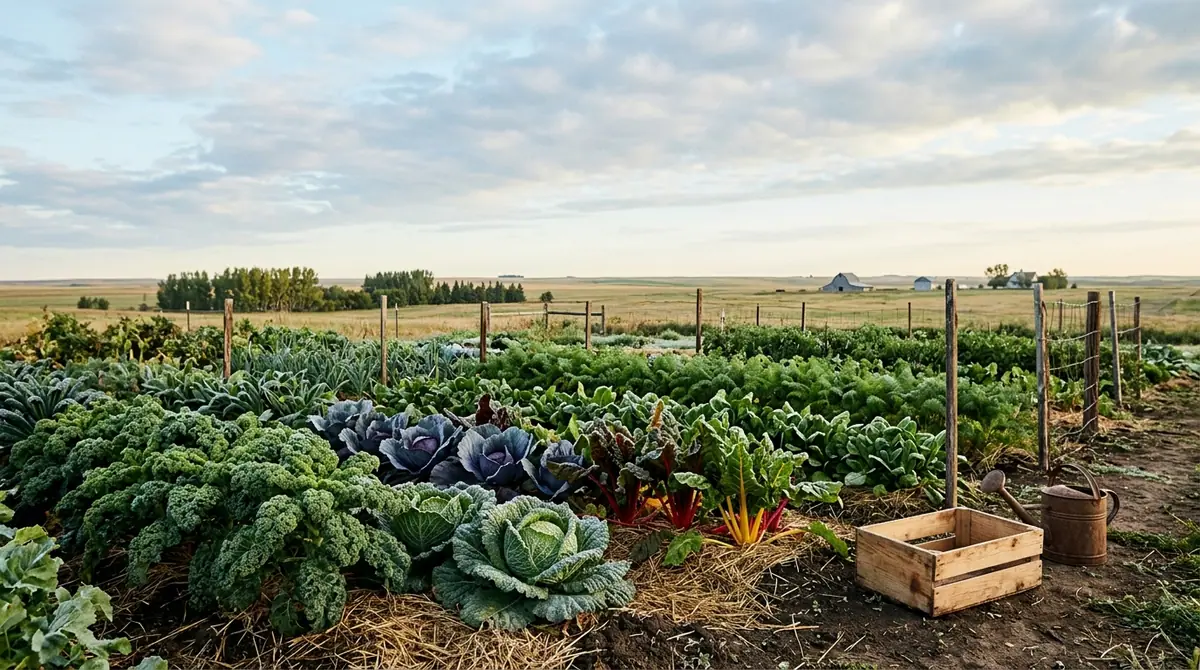 Expansive vegetable garden with rows of cabbage and greens in a rural field