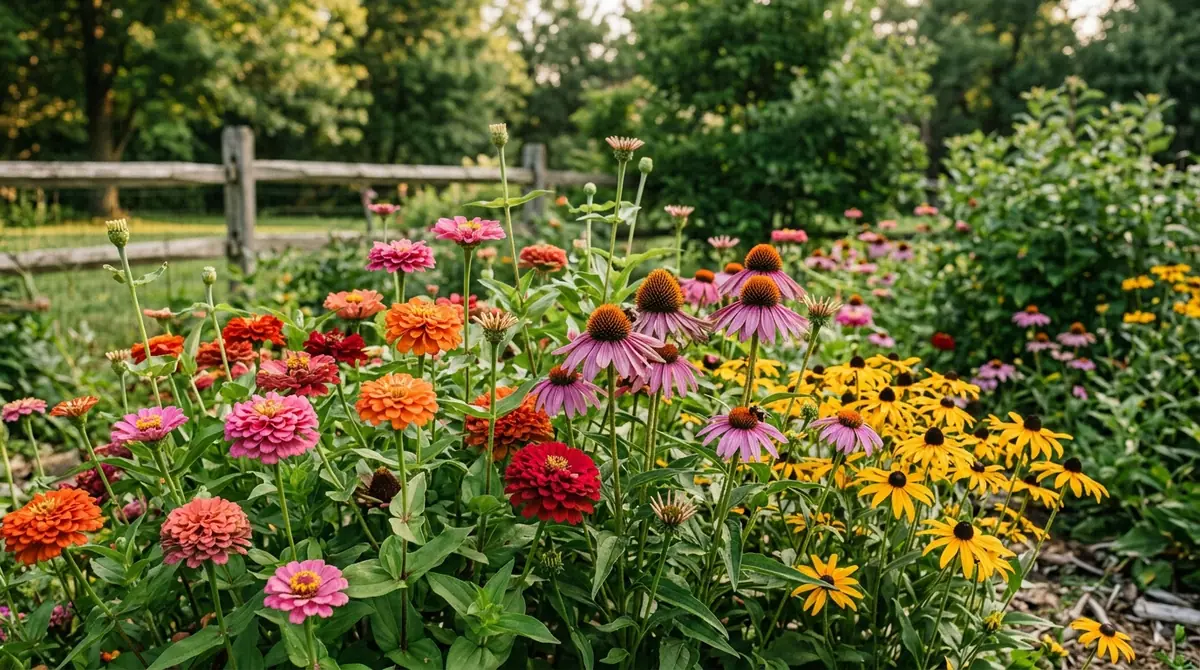 Colorful coneflowers and zinnias blooming in a garden with a wooden fence
