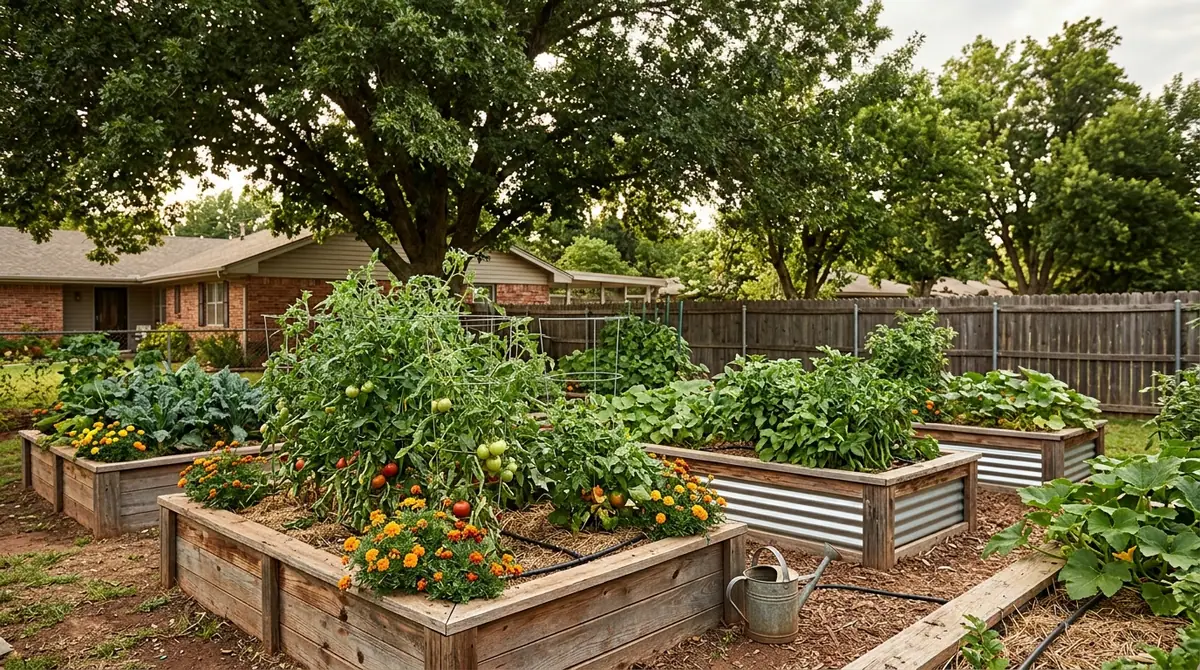 Backyard raised garden beds filled with thriving tomato plants and leafy vegetables