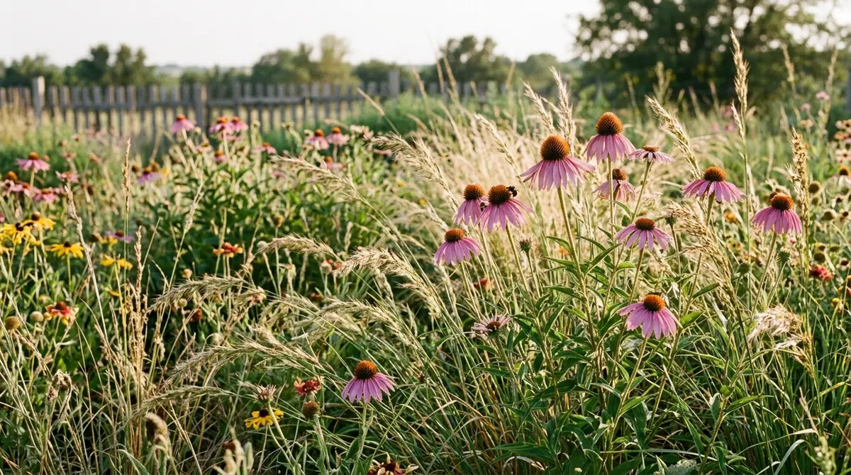 Wildflowers and ornamental grasses growing in an Oklahoma garden meadow