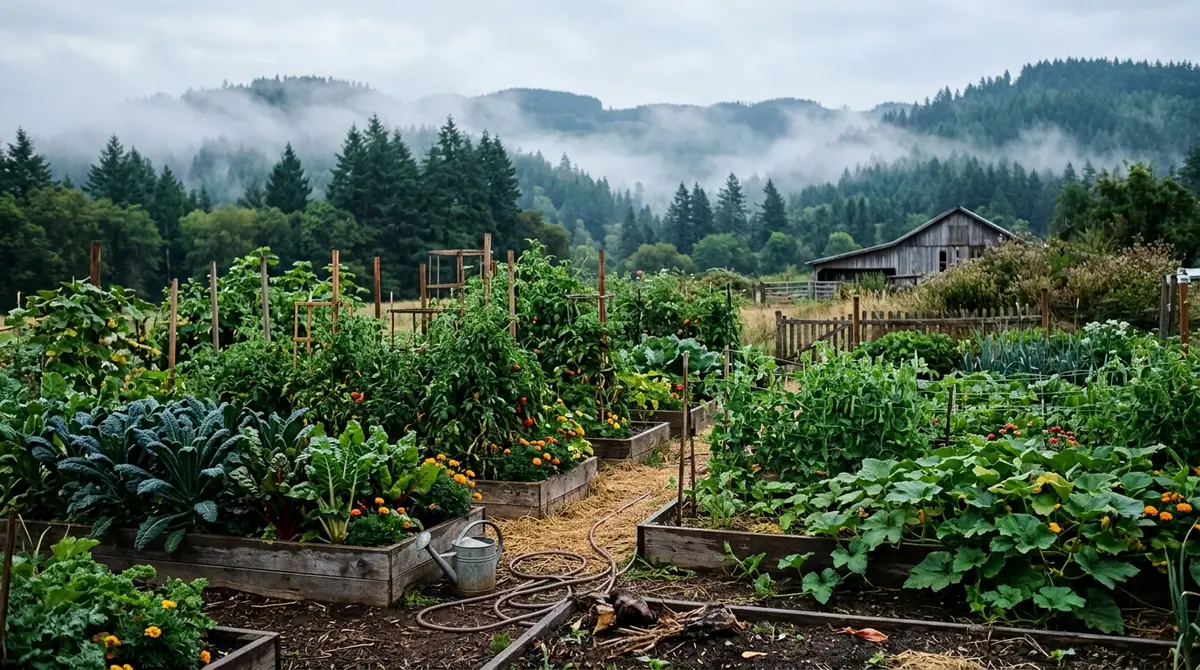 Lush vegetable garden in raised beds with an Oregon mountain backdrop and barn