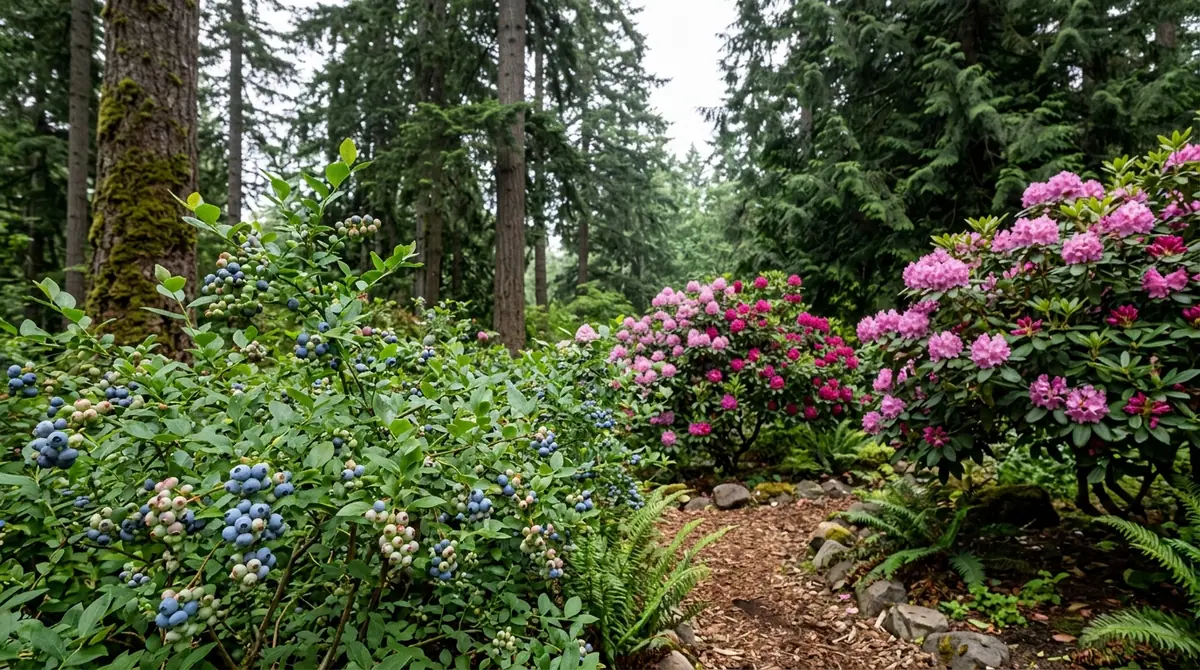 Blueberry bush with unripe and ripe berries alongside blooming rhododendrons in an Oregon forest