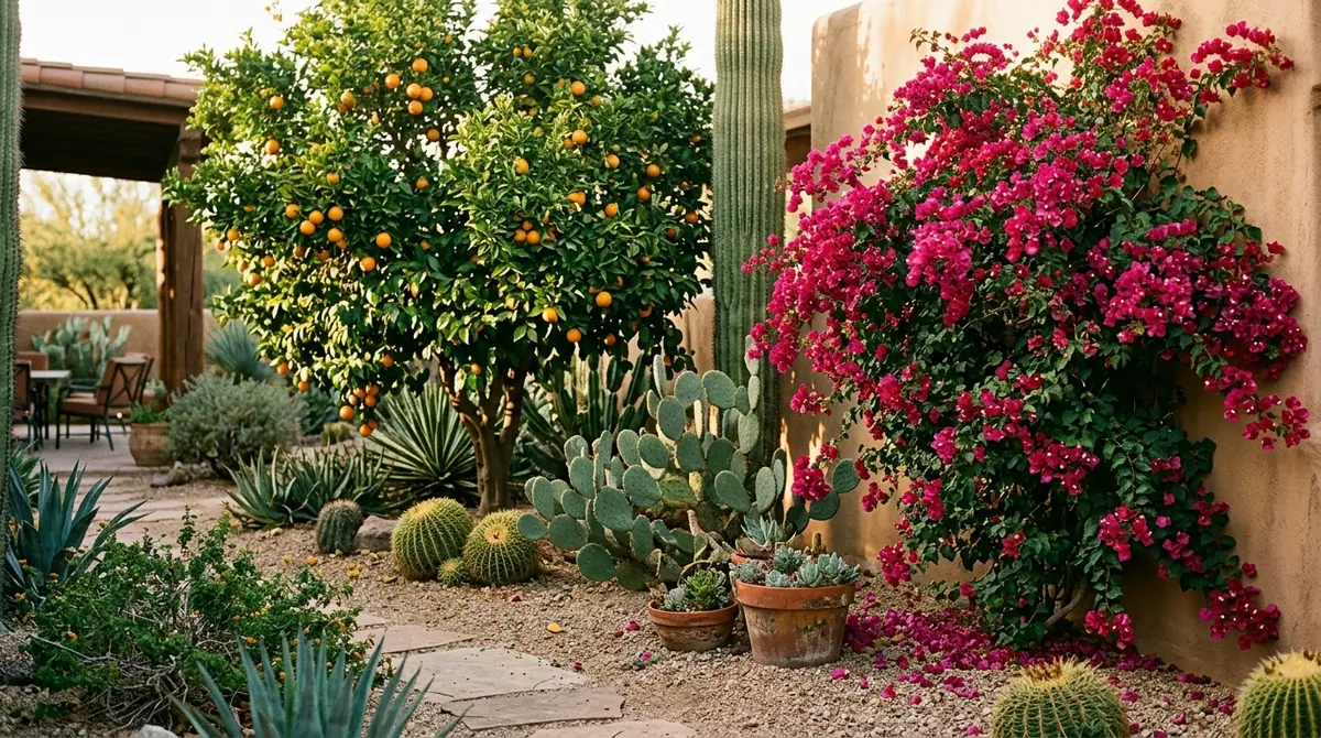 Orange tree, bright pink bougainvillea, and cacti in a Phoenix desert garden