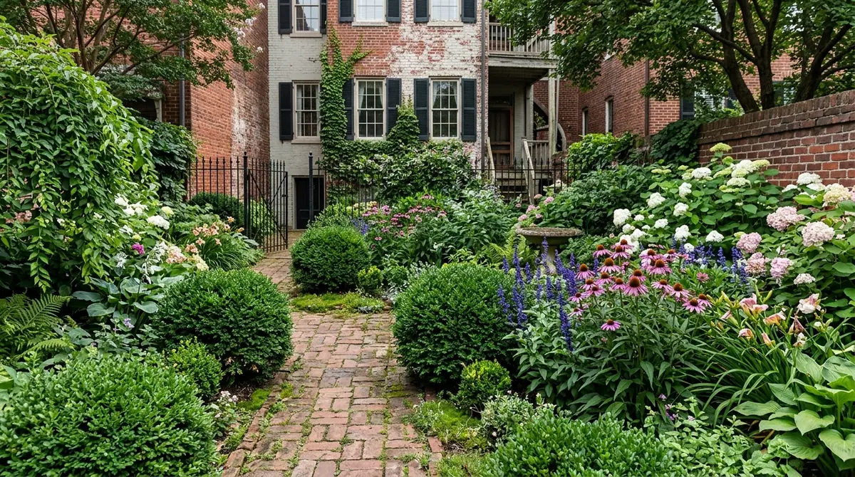 Lush backyard garden with a brick path and diverse flowering plants in Richmond