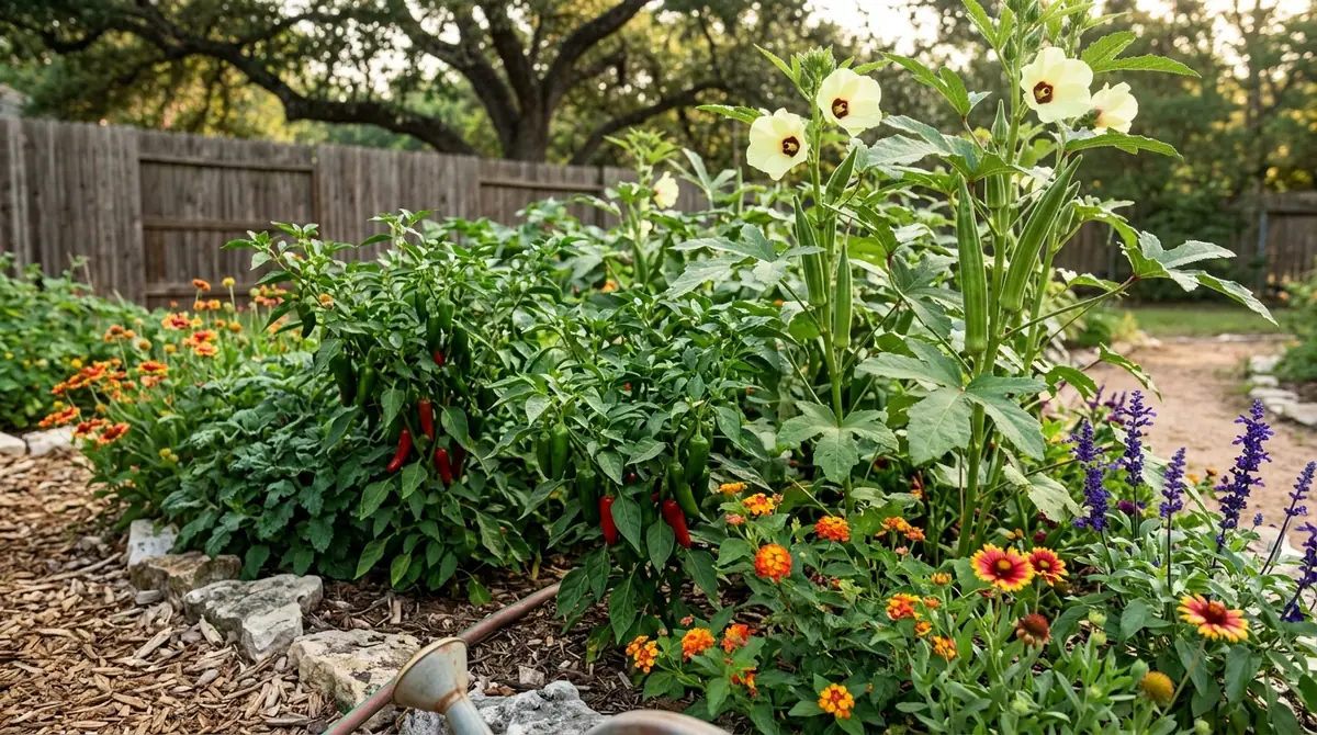 Lush garden bed in San Antonio with green pepper and okra plants surrounded by colorful flowers