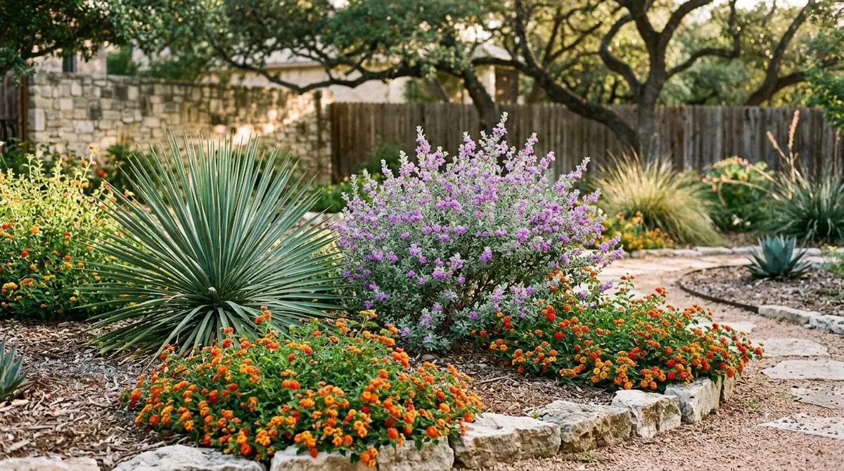 San Antonio garden with spiky yucca and purple sage plants