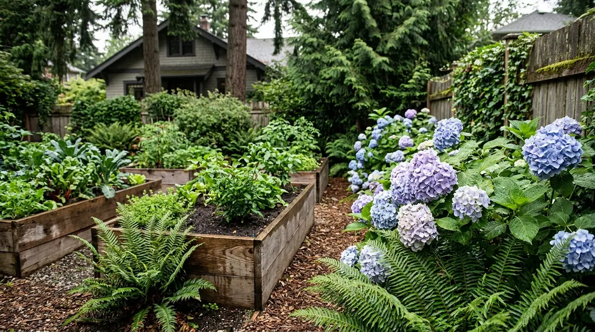 Wooden raised garden beds and blooming hydrangeas in a Seattle backyard