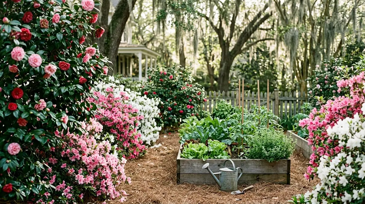 Lush Southern garden with pink and white flowers and a raised vegetable bed