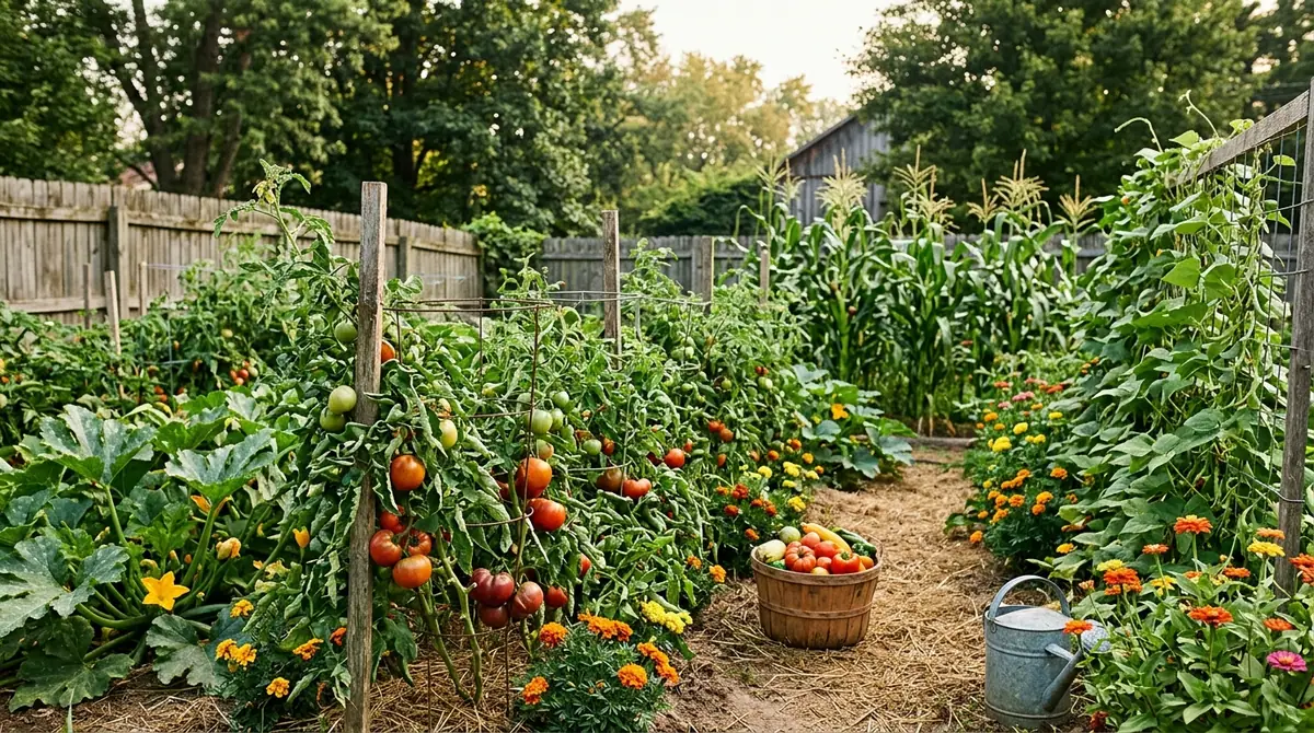Lush vegetable garden with staked tomato plants, corn stalks, and a harvest basket in a backyard setting