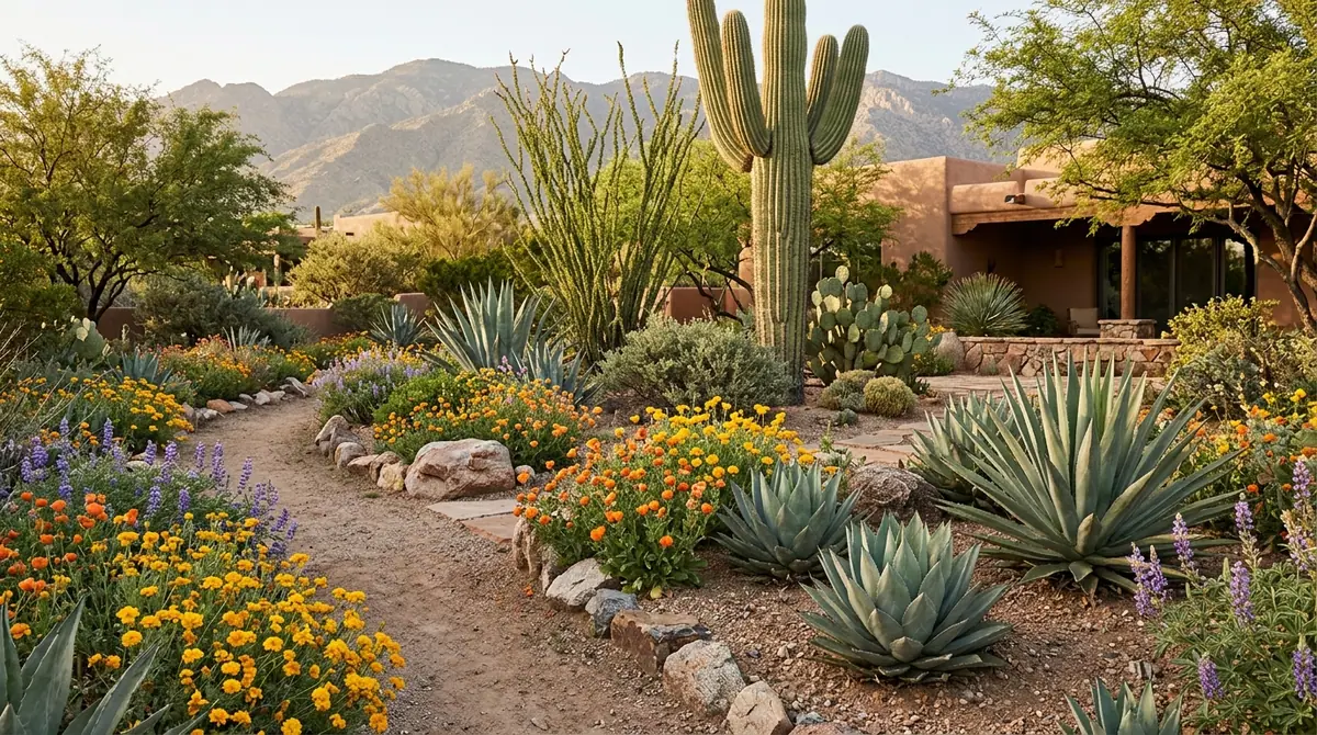 Desert garden with saguaro cactus, agaves, and wildflowers along a dirt path in Tucson