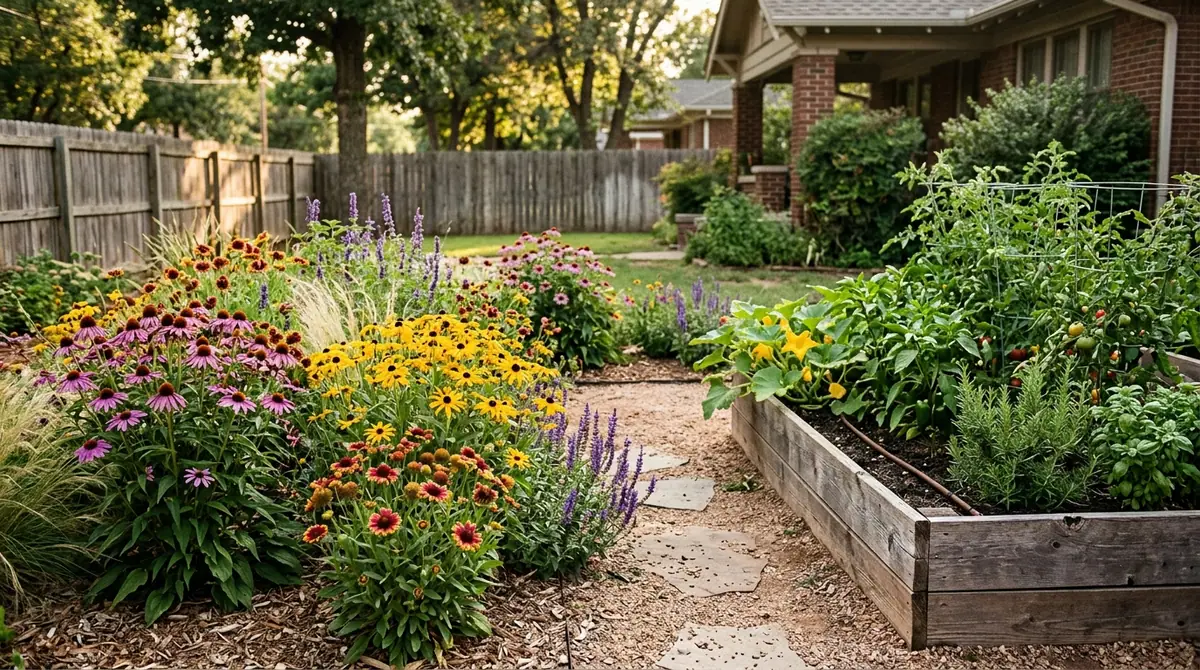 A backyard garden with flower beds and a raised vegetable planter beside a brick home in Tulsa