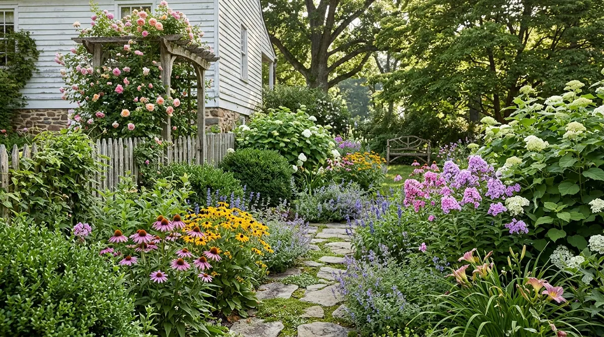 Lush Virginia garden with stone path and flowering perennials