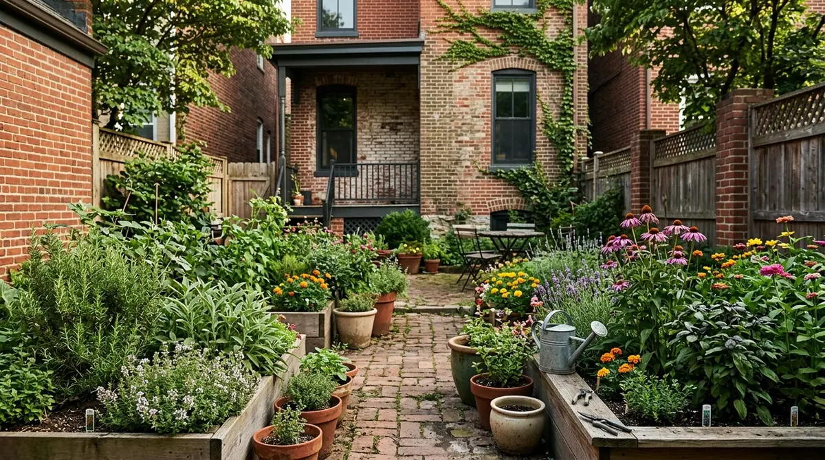 Lush garden beds and potted plants flanking a brick patio in a Washington DC backyard