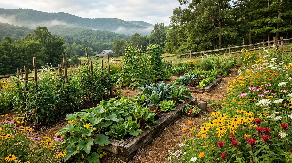 Raised garden beds and wildflowers in a West Virginia valley with misty mountains