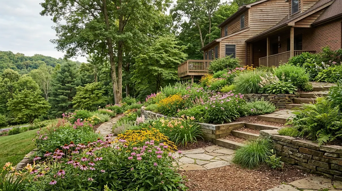 Lush tiered garden with blooming perennials and stone steps alongside a wooden home in Pennsylvania hills