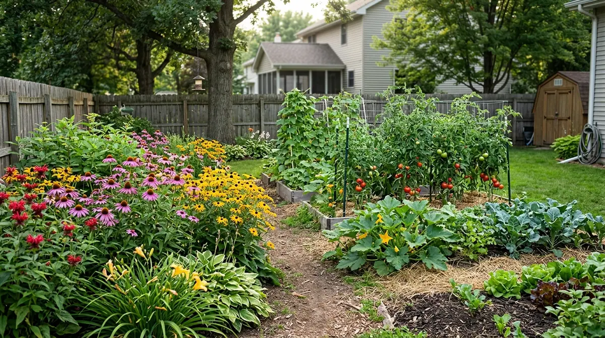 Lush Wisconsin backyard garden with colorful flowers and raised vegetable beds