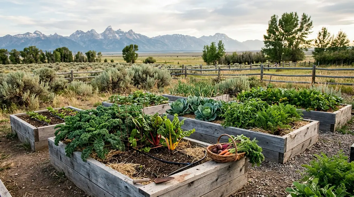 Raised garden beds filled with leafy greens and root vegetables against a mountain backdrop