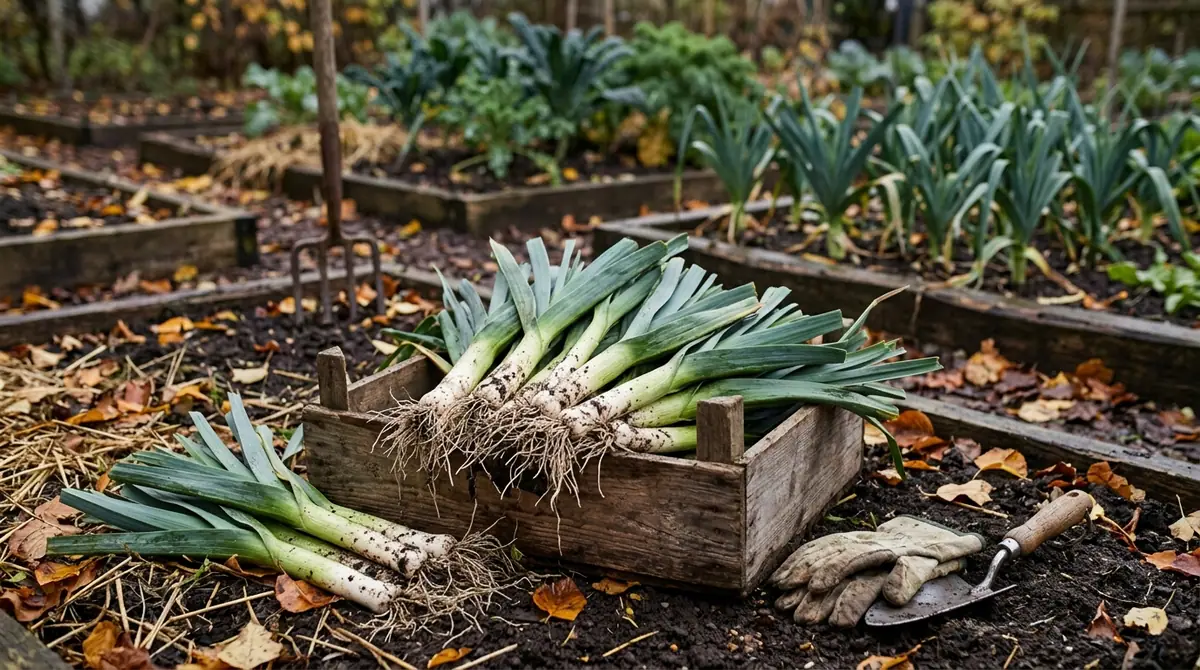 Wooden crate filled with freshly harvested leeks in a vegetable garden