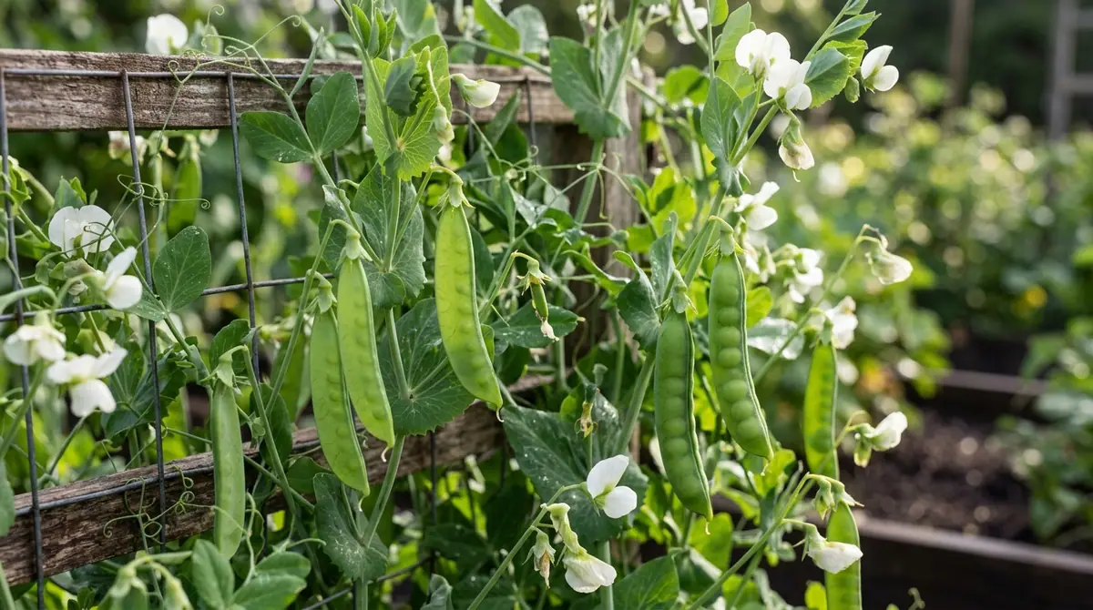 Green pea pods hanging on a garden vine with white blossoms