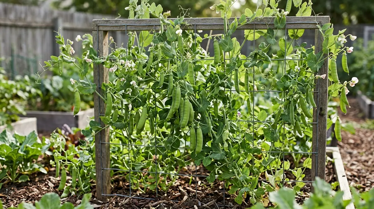 Green pea plants with plump pods growing on a wooden trellis in a garden