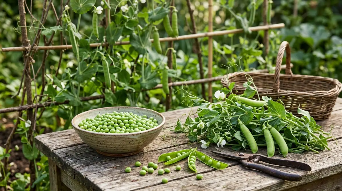 Bowl of shelled green peas and harvested pea vines on a wooden table in a garden