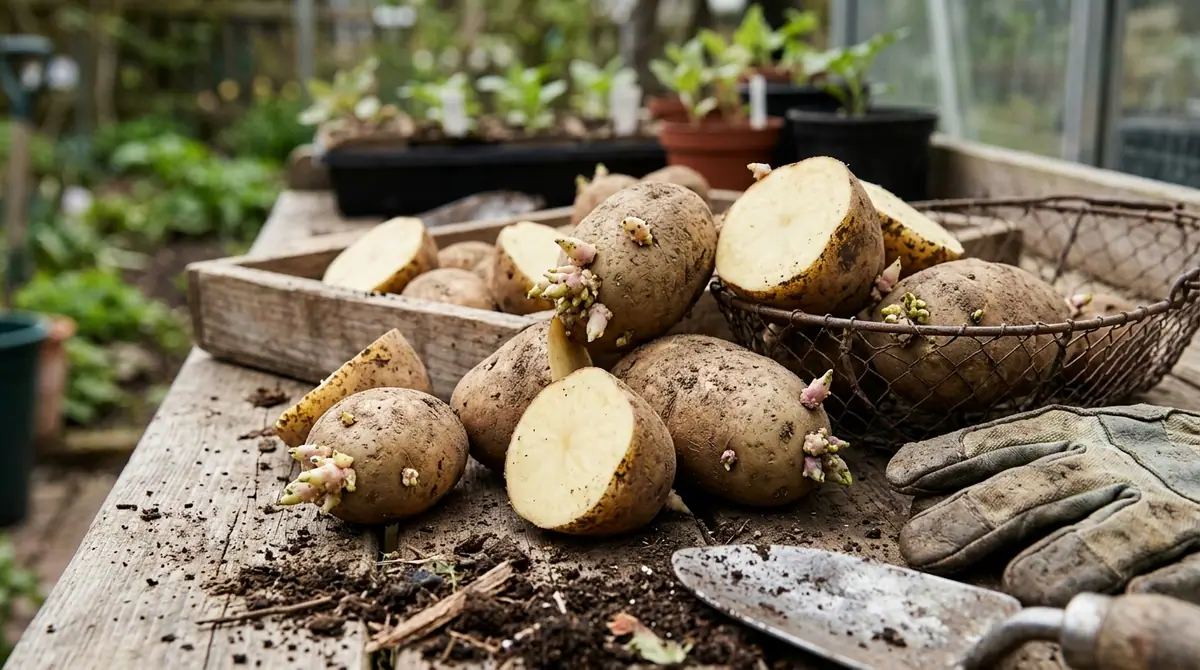 Seed potatoes with sprouts and cut halves resting on a wooden potting bench