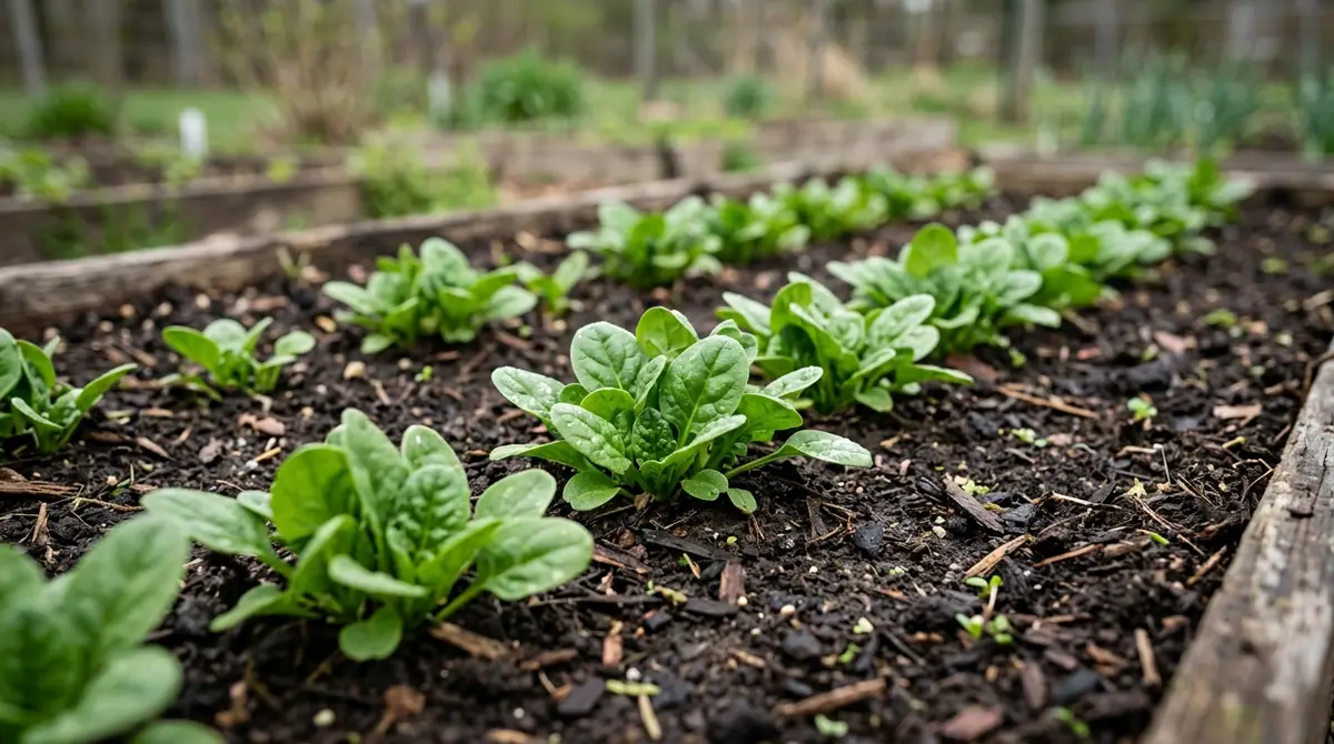 Young spinach plants growing in neat rows in a raised garden bed
