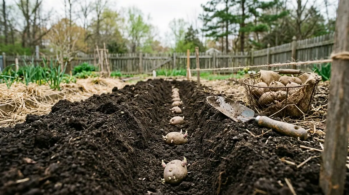 Sprouted potatoes laid in a garden trench for planting with a trowel nearby