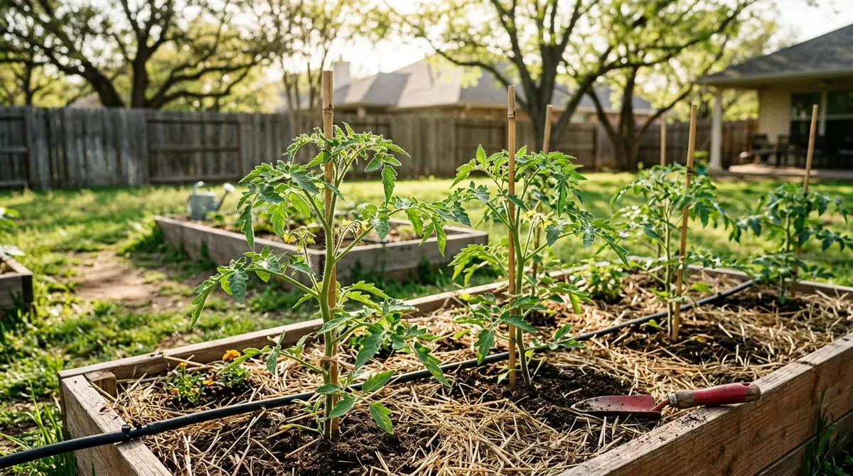 Young tomato plants supported by stakes in a backyard raised garden bed
