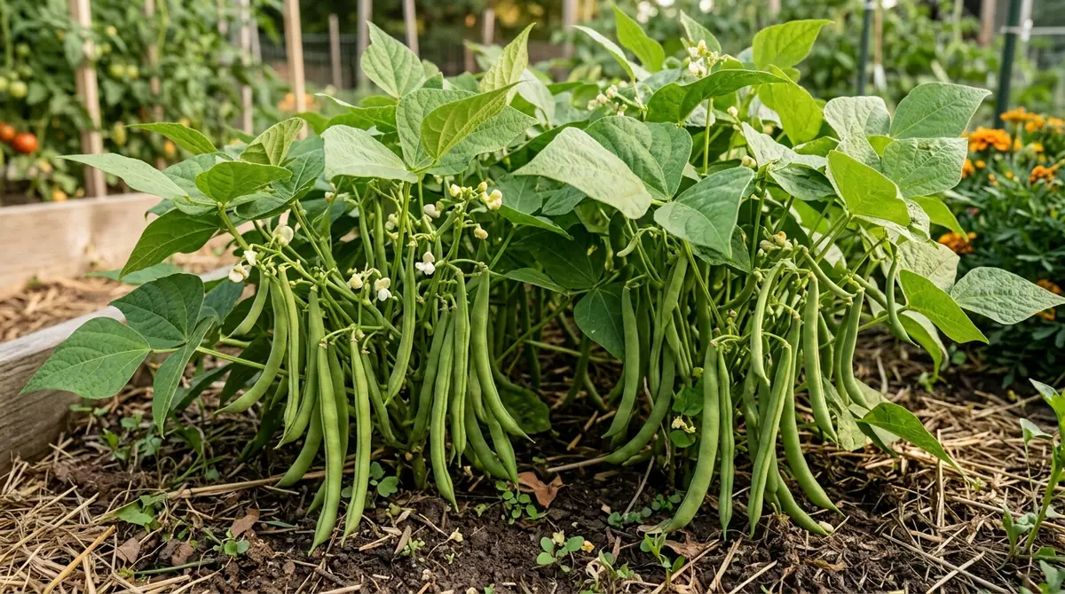 Green bean plants laden with hanging pods in a garden bed