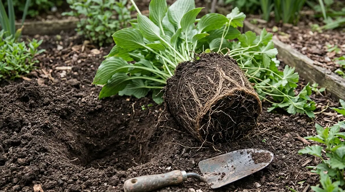 Host plant with exposed roots lying on soil next to a dug hole and garden trowel